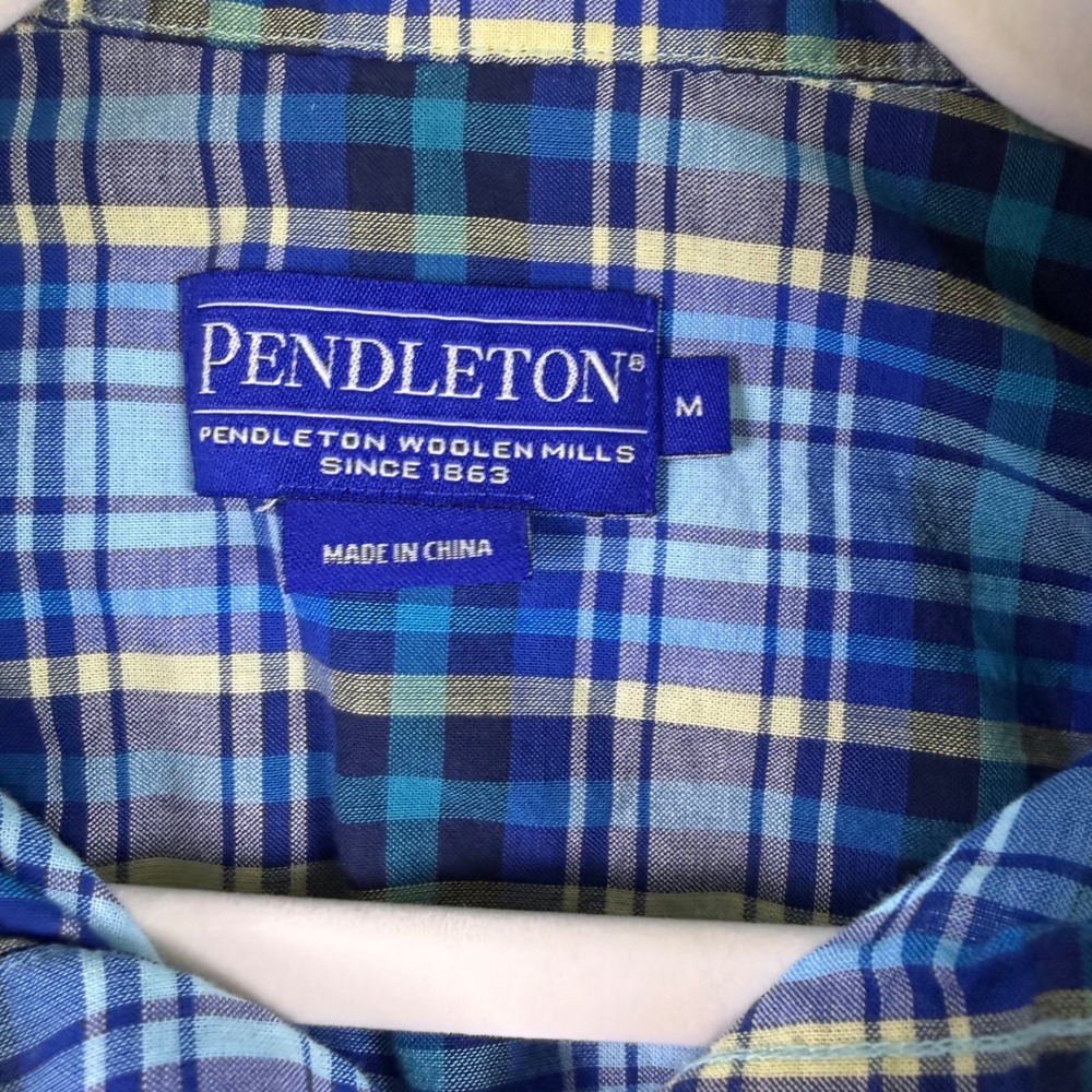 Pendleton Mens Short Sleeve Button Down Plaid Shirt Blue Yellow Size M
